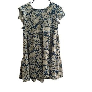 Cupshe Women's Dress Small Blue White Leaf Print Ruffle Short Sleeve‎ Tiered NWT